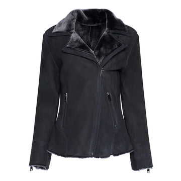 Women's Black Faux Shearling Straight Moto Leather Jacket-Women Shearling Jacket-Premium Leather Store