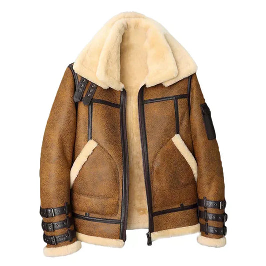 Men's Brown Faux Shearling B3 Bomber Leather Jacket-Men Shearling Jacket-Premium Leather Store