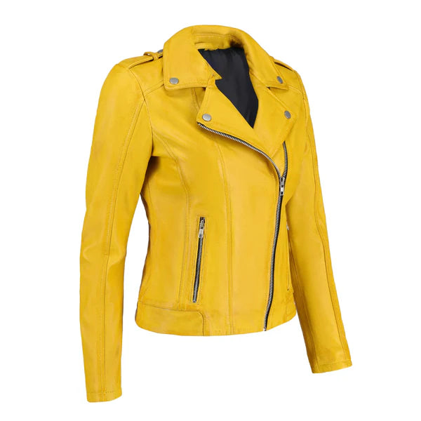 Women's Yellow Zip-Up Handwaxed Moto Jacket-Women Biker Jacket-Premium Leather Store