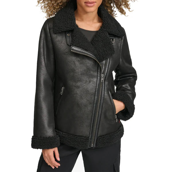 Women's Faux Shearling Lined Moto Leather Jacket-Women Shearling Jacket-Premium Leather Store