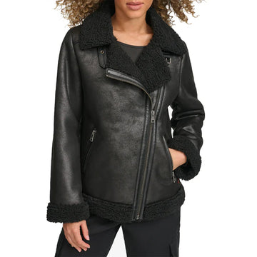 Women's Faux Shearling Lined Moto Leather Jacket-Women Shearling Jacket-Premium Leather Store