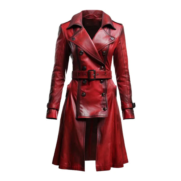 Women's Red Vire Long Fashionable Leather Coat-Women Leather Coat-Premium Leather Store