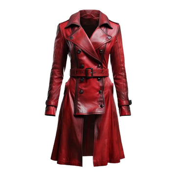 Women's Red Vire Long Fashionable Leather Coat-Women Leather Coat-Premium Leather Store