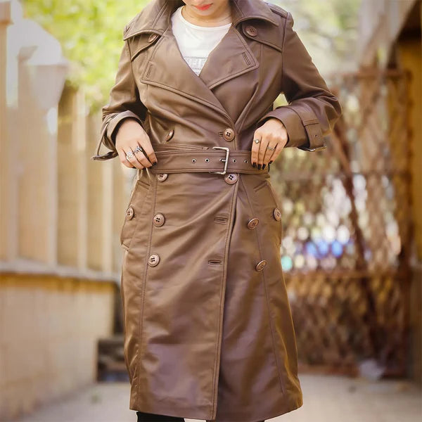 Women's Brown Double-Breasted Elegant Leather Trench Coat-Women Leather Coat-Premium Leather Store