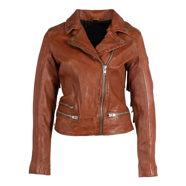 Women’s Brown Burnt Fringe Leather Jacket-Women Leather Jacket-Premium Leather Store