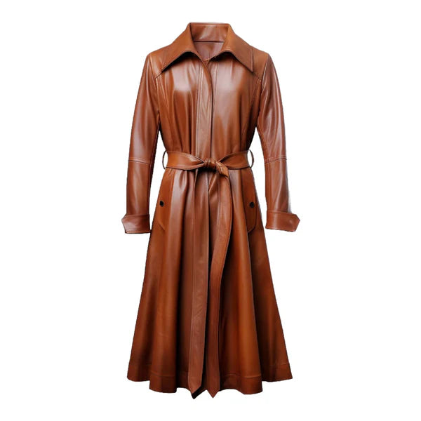 Women's Brown Stratos Long Premium Leather Coat-Women Leather Coat-Premium Leather Store