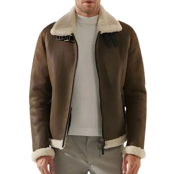 Men's Brown Faux Shearling B3 Leather Jacket-Men Shearling Jacket-Premium Leather Store