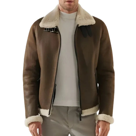 Men's Brown Faux Shearling B3 Leather Jacket-Men Shearling Jacket-Premium Leather Store