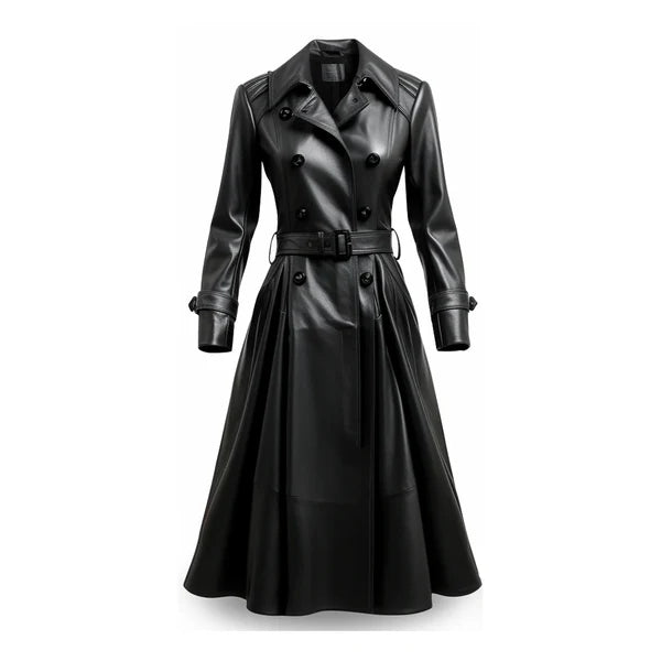 Women's Black Bravura Long Designer Leather Coat-Women Leather Coat-Premium Leather Store