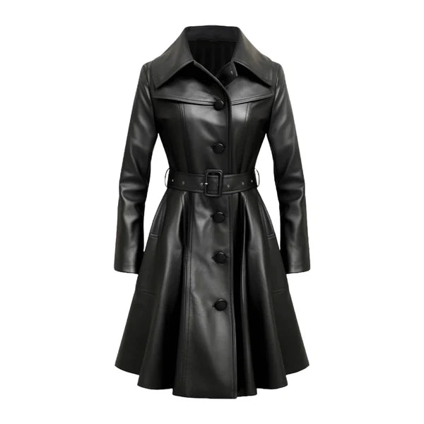 Women's Black Lumos Stylish Long Leather Coat-Women Leather Coat-Premium Leather Store