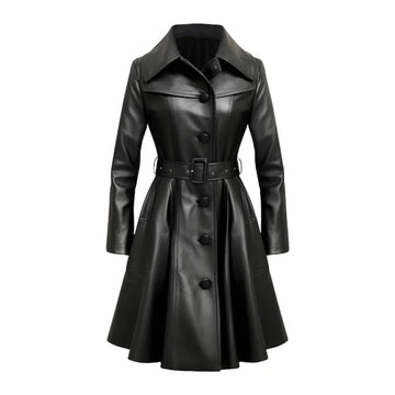 Women's Black Lumos Stylish Long Leather Coat-Women Leather Coat-Premium Leather Store