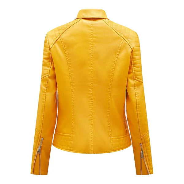 Women's Yellow Lapel Collar Moto Leather Jacket-Women Leather Jacket-Premium Leather Store