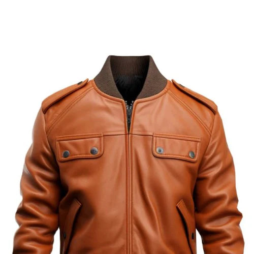 Men's Tan Strap Pocket Bomber Leather Jacket-Men's Bomber Jacket-Premium Leather Store