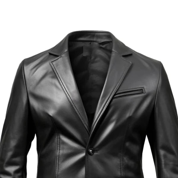 Black Stylish Button Closure Blazer Leather Coat-Men Leather Coat-Premium Leather Store
