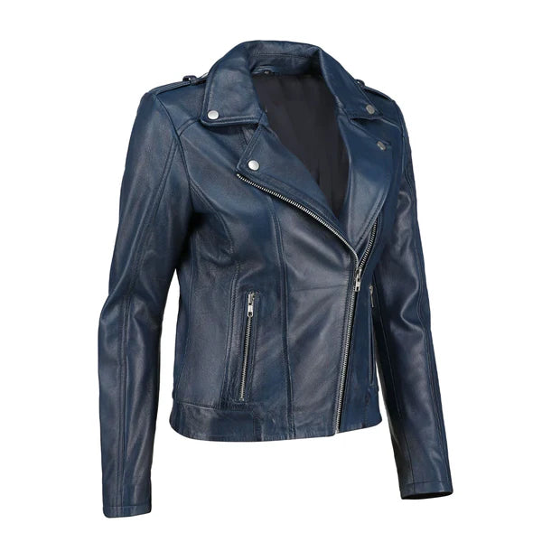 Women's Blue Zip-Up Handwaxed Moto Jacket-Women Leather Jacket-Premium Leather Store