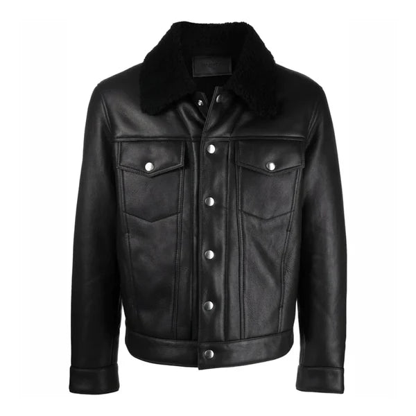 Men's Black Faux Shearling Fur Collar Bomber Leather Jacket-Men Shearling Jacket-Premium Leather Store
