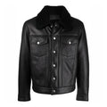 Men's Black Faux Shearling Fur Collar Bomber Leather Jacket-Men Shearling Jacket-Premium Leather Store
