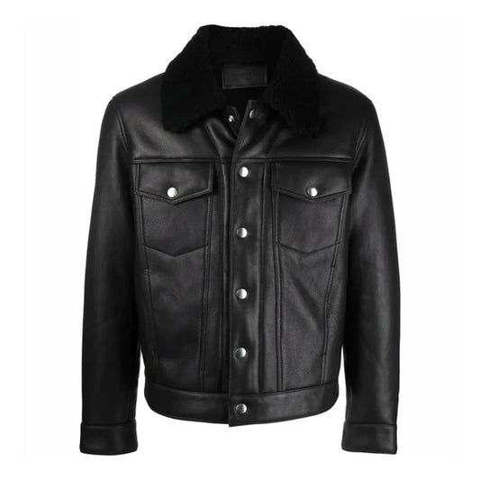 Men's Black Faux Shearling Fur Collar Bomber Leather Jacket-Men Shearling Jacket-Premium Leather Store