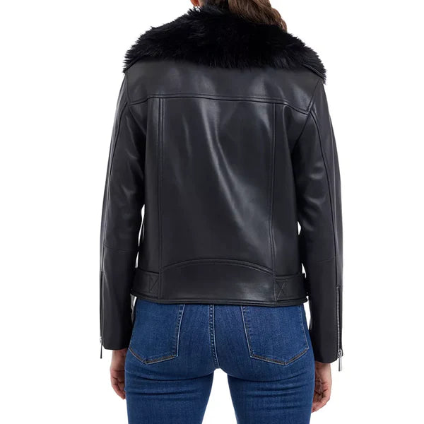 Women's Petite Faux Shearling Fur-Collar Moto Leather Coat-Women Shearling Jacket-Premium Leather Store