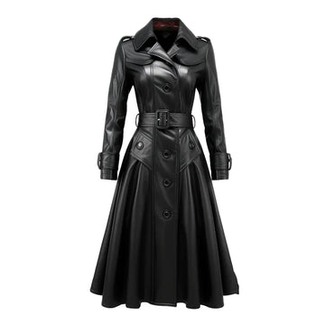 Women's Black Zeon Long Designer Leather Coat-Women Leather Coat-Premium Leather Store