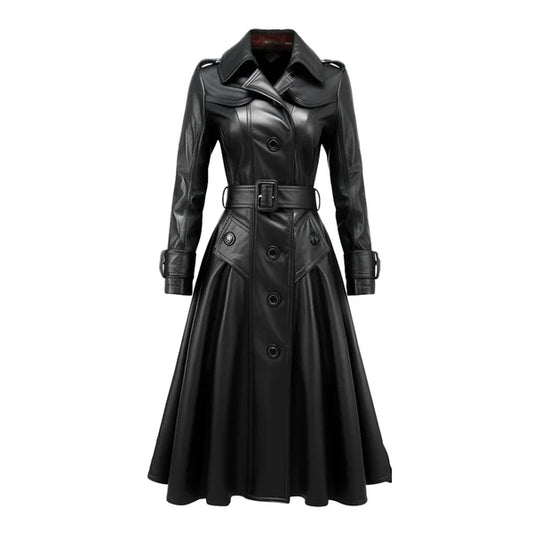 Women's Black Zeon Long Designer Leather Coat-Women Leather Coat-Premium Leather Store