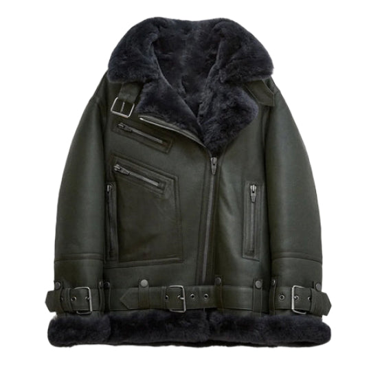Women's Notch Faux Shearling Moto Leather Jacket-Women Shearling Jacket-Premium Leather Store
