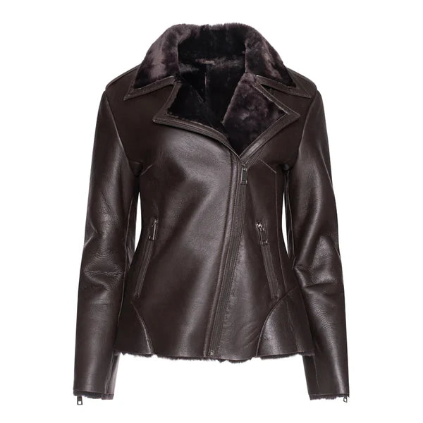 Women's Brown Faux Shearling Straight Moto Leather Jacket-Women Shearling Jacket-Premium Leather Store