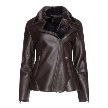 Women's Brown Faux Shearling Straight Moto Leather Jacket-Women Shearling Jacket-Premium Leather Store