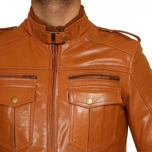 Men's Tan Motorcycle Touring Leather Jacket-Leather Jackets-Premium Leather Store