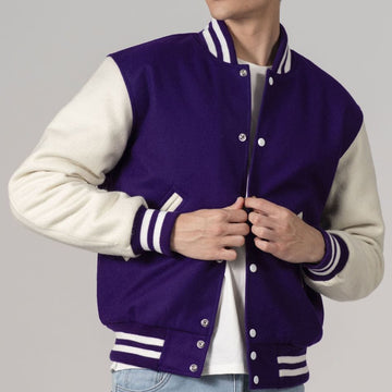 Purple & White Customizable All-Wool Varsity Jacket-Varsity Jackets-Premium Leather Store