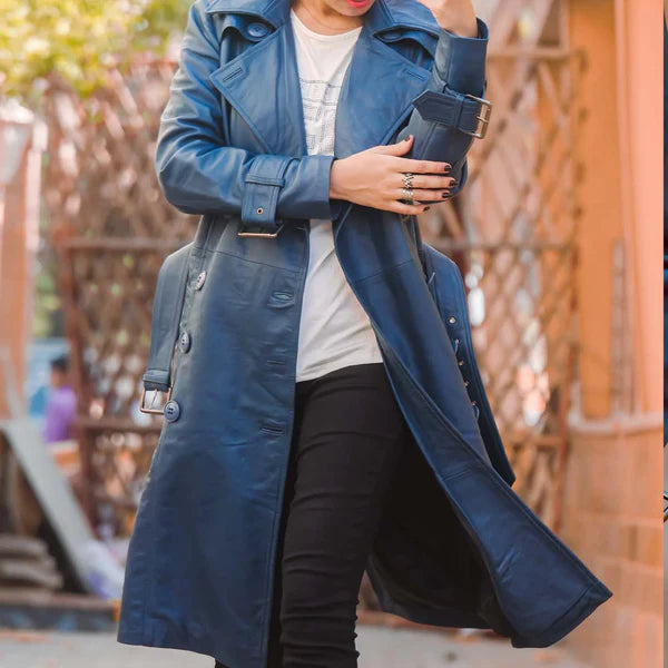 Women's Blue Double-Breasted Classic Leather Trench Coat-Women Leather Coat-Premium Leather Store