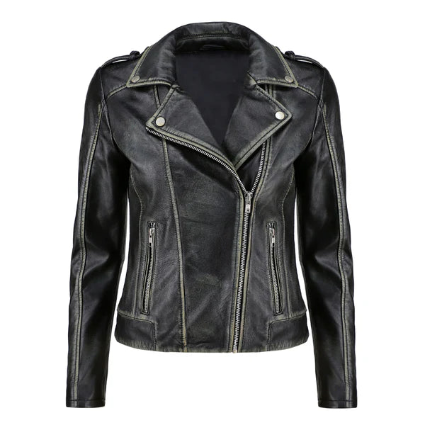 Women's Black Zip-Up Handwaxed Moto Jacket-Women Leather Jacket-Premium Leather Store