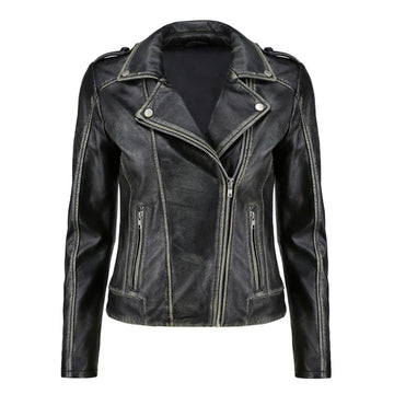 Women's Black Zip-Up Handwaxed Moto Jacket-Women Leather Jacket-Premium Leather Store