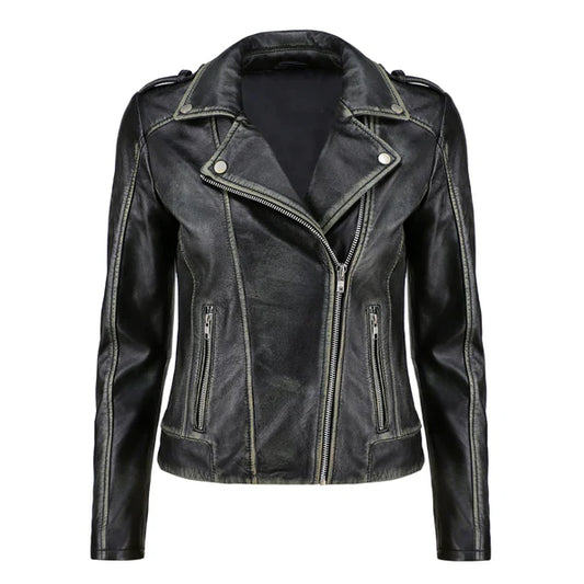 Women's Black Zip-Up Handwaxed Moto Jacket-Women Leather Jacket-Premium Leather Store