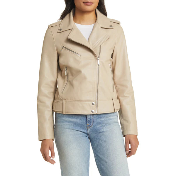 Women's Beige Sam Edelman Moto Leather Jacket-Women Biker Jacket-Premium Leather Store