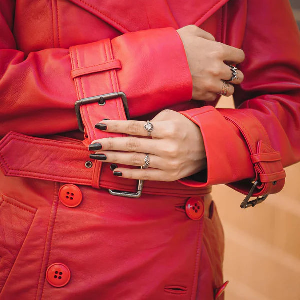 Women's Red Double-Breasted Stylish Leather Trench Coat-Women Leather Coat-Premium Leather Store
