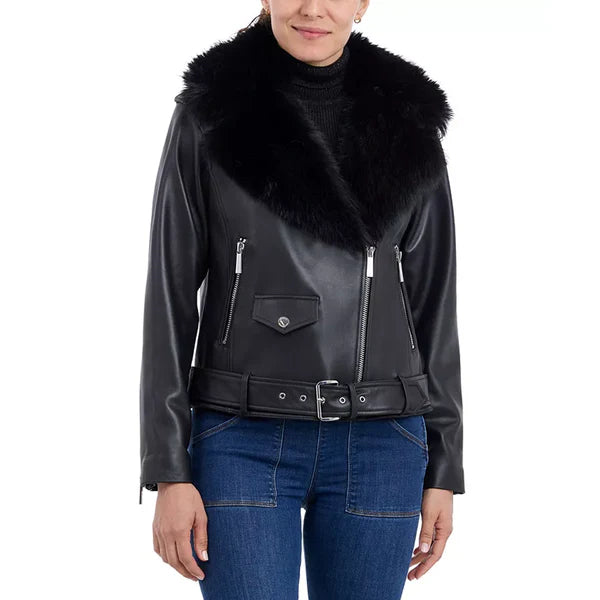 Women's Petite Faux Shearling Fur-Collar Moto Leather Coat-Women Shearling Jacket-Premium Leather Store