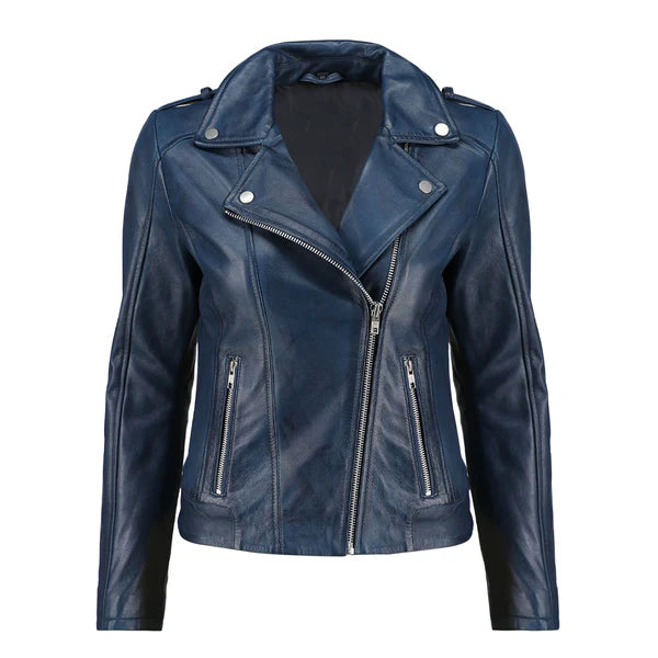 Women's Blue Zip-Up Handwaxed Moto Jacket-Women Leather Jacket-Premium Leather Store