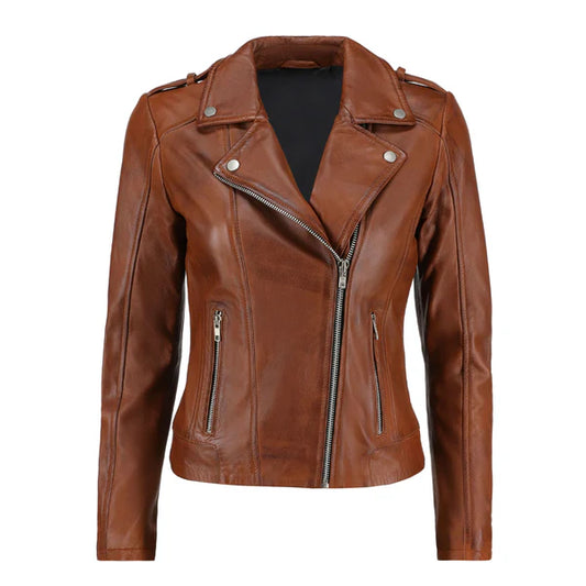 Women's Brown Zip-Up Handwaxed Moto Jacket-Women Biker Jacket-Premium Leather Store