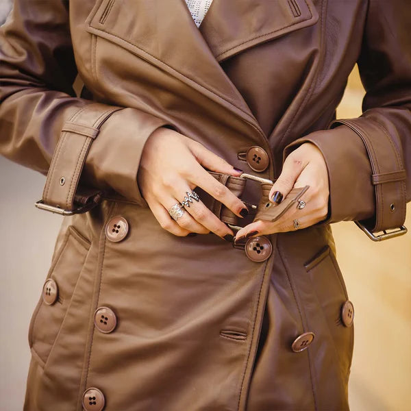 Women's Brown Double-Breasted Elegant Leather Trench Coat-Women Leather Coat-Premium Leather Store