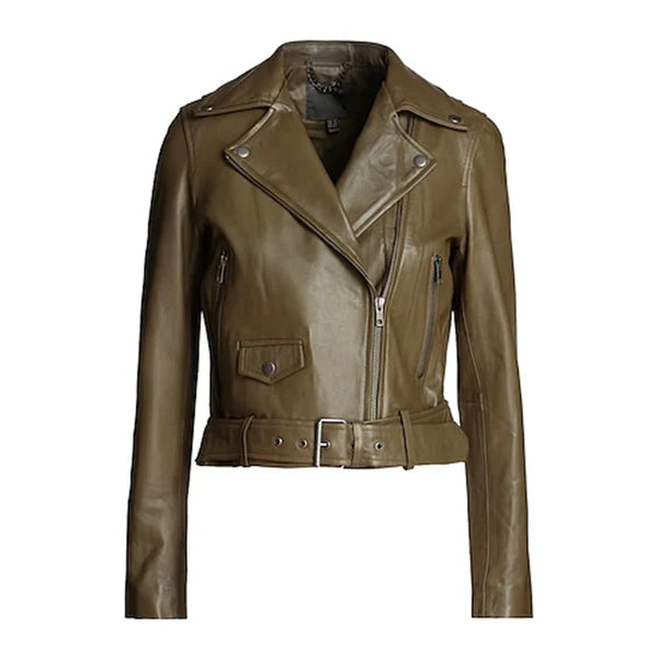 Women's Military Green Moto Leather Jacket-Women Leather Jacket-Premium Leather Store