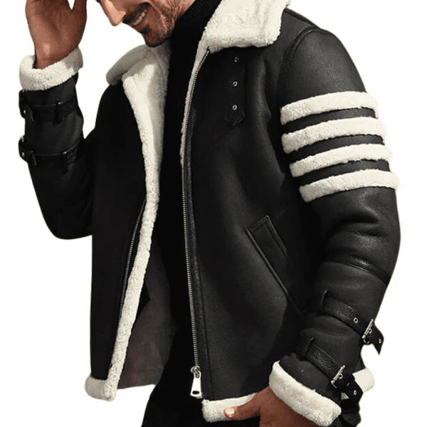 Men's Black & White Faux Shearling B3 Bomber Jacket-Men Shearling Jacket-Premium Leather Store
