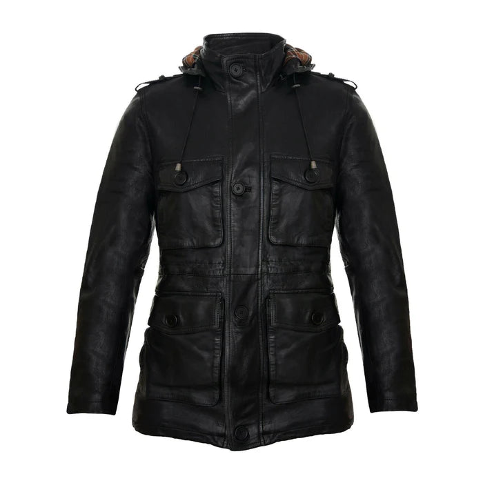 Black Classic Hooded Leather Trench Overcoat-Men Leather Coat-Premium Leather Store