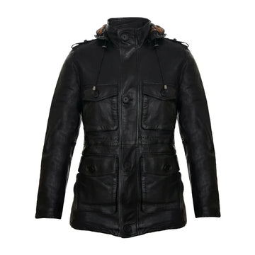 Black Classic Hooded Leather Trench Overcoat-Men Leather Coat-Premium Leather Store
