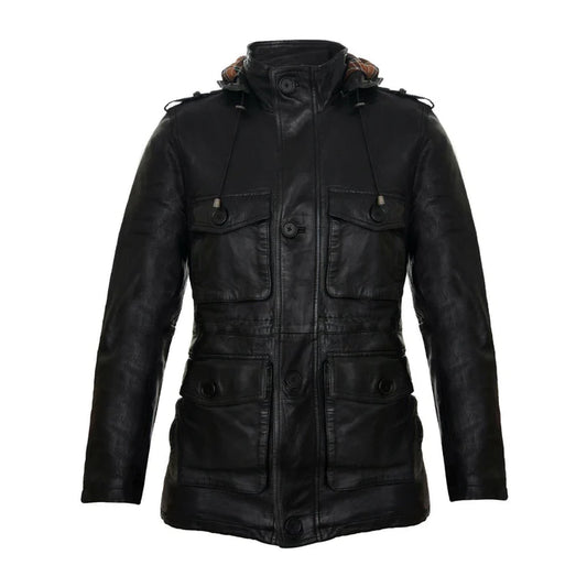 Black Classic Hooded Leather Trench Overcoat-Men Leather Coat-Premium Leather Store