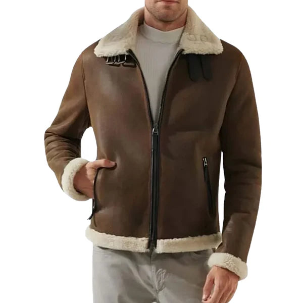 Men's Brown Faux Shearling B3 Leather Jacket-Men Shearling Jacket-Premium Leather Store