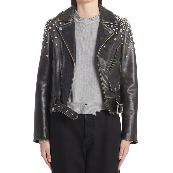 Women's Crystal Embellished Moto Leather Jacket-Women Leather Jacket-Premium Leather Store