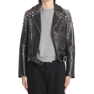 Women's Crystal Embellished Moto Leather Jacket-Women Leather Jacket-Premium Leather Store