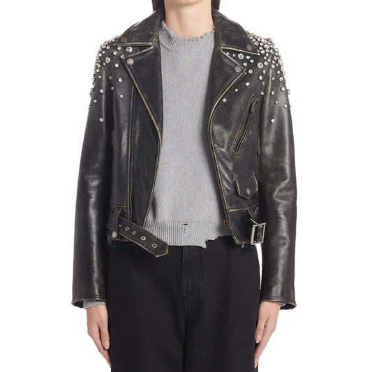 Women's Crystal Embellished Moto Leather Jacket-Women Leather Jacket-Premium Leather Store