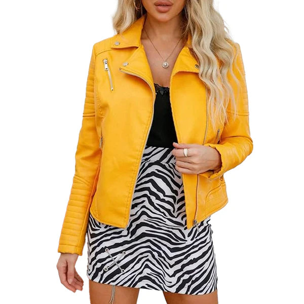Women's Yellow Lapel Collar Moto Leather Jacket-Women Leather Jacket-Premium Leather Store